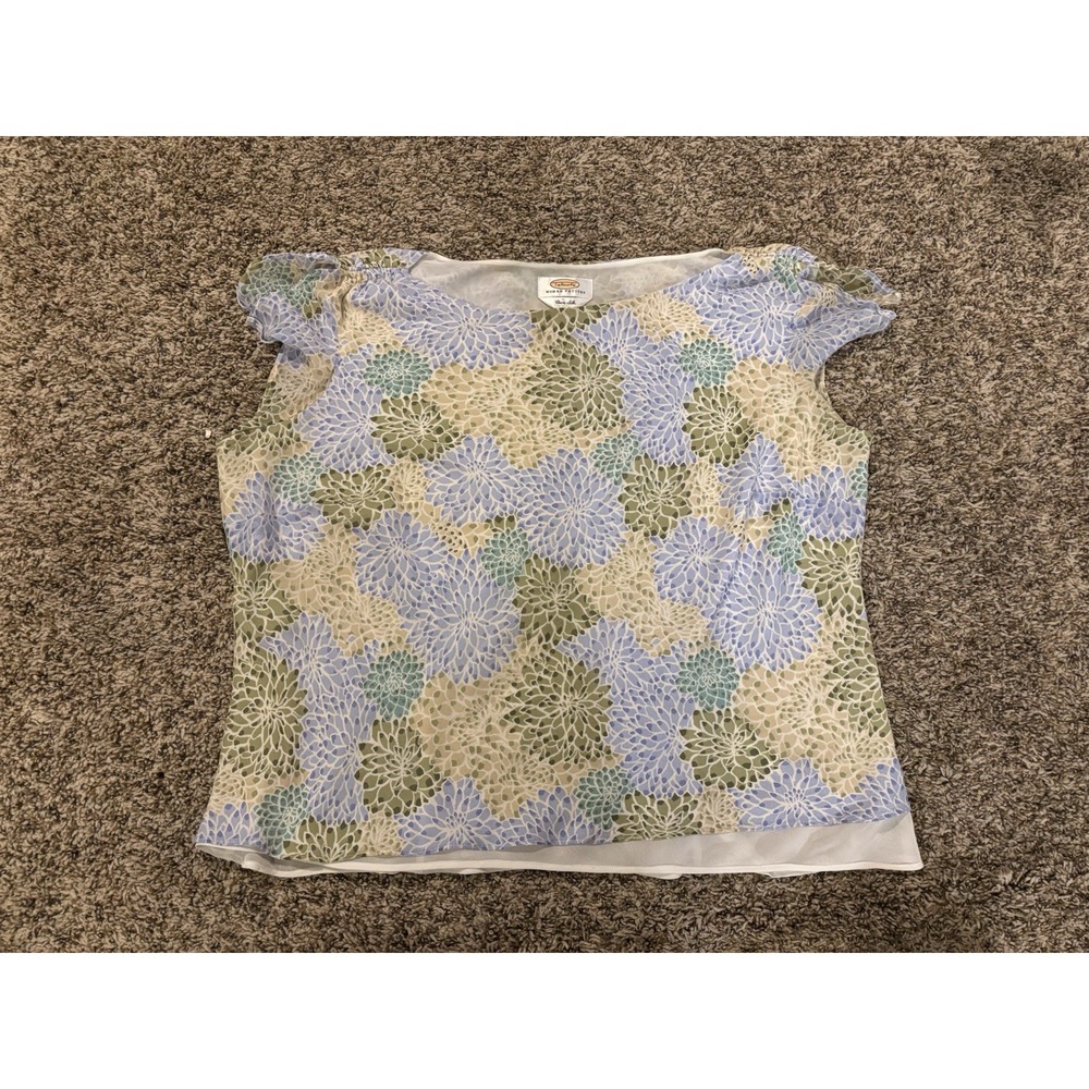 Talbots Pure Silk Blouse Shirt Blue Green Floral Womens Size Petite 16W